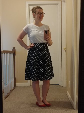 Memorial Day church - white lace detail tee, polkadot skirt, red flats