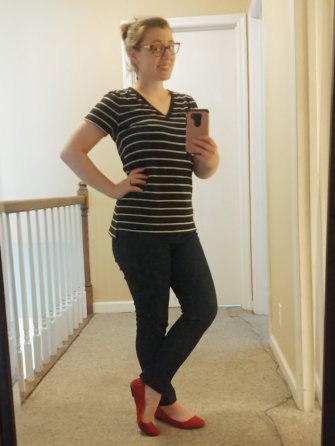 Work and VBS - striped tee, denim ankle trousers, red flats