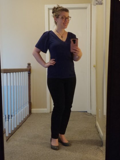 Work - navy flutter sleeve top (thrifted and altered), black pants, gray wedges